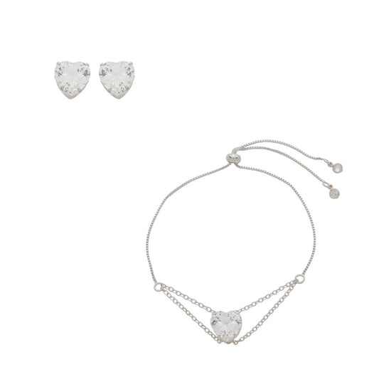 Conjunto Pulseira e Brinco Eloá Coração Zircônia Folheado em Ródio Branco