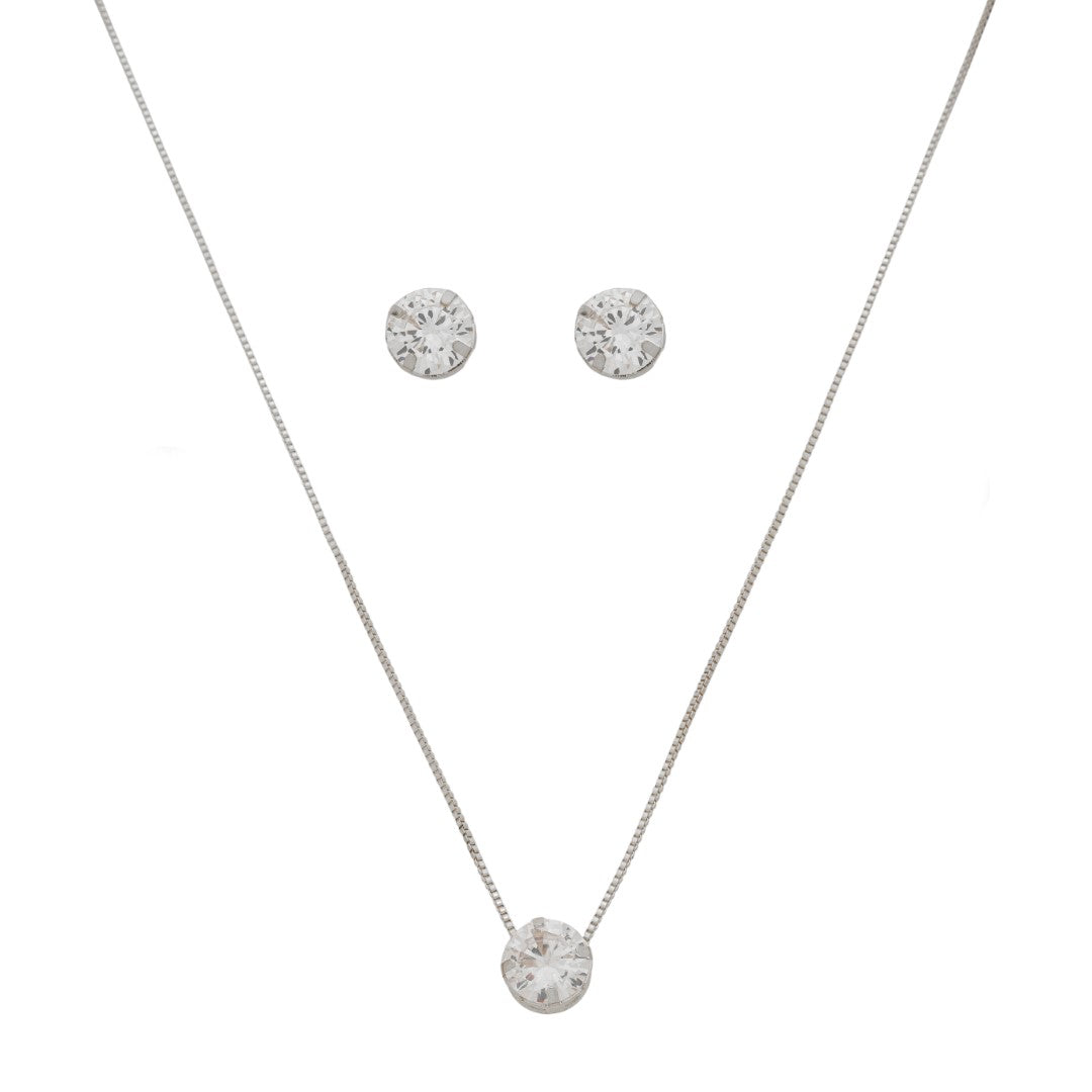 Conjunto Colar e Brinco Ponto de Luz Alice Zircônia Folheado em Ródio Branco
