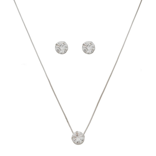 Conjunto Colar e Brinco Ponto de Luz Alice Zircônia Folheado em Ródio Branco