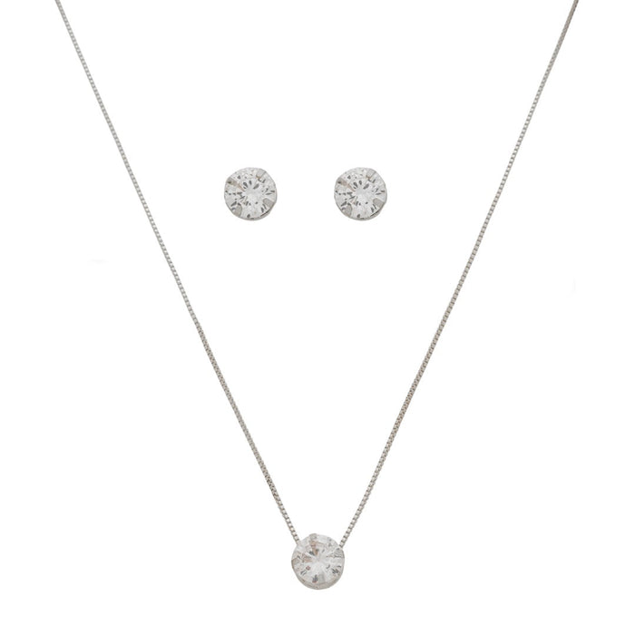 Conjunto Colar e Brinco Ponto de Luz Alice Zircônia Folheado em Ródio Branco