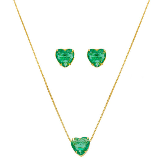 Conjunto Colar e Brinco Lelê Coração Zircônia Turmalina Folheado a Ouro 18k