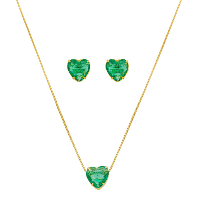 Conjunto Colar e Brinco Lelê Coração Zircônia Turmalina Folheado a Ouro 18k