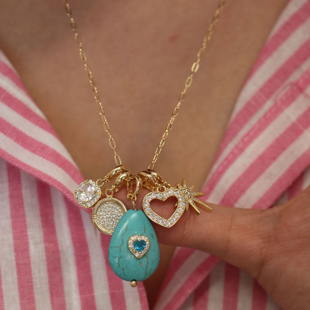 Colar Longo Liz Penca Howlita Turquesa Zircônias Folheado a Ouro 18k