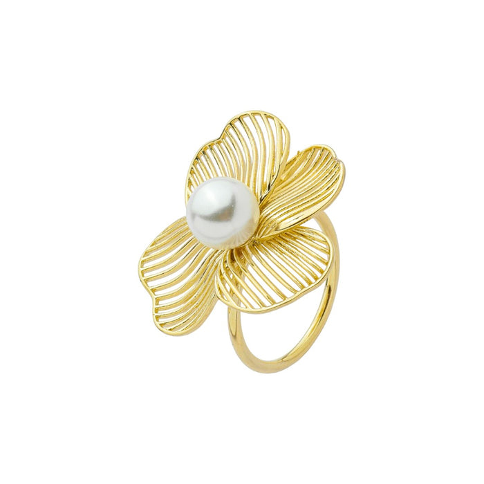 Anel Camille Flor Pérola Folheado a Ouro 18k