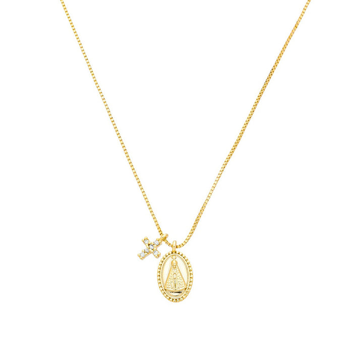 Colar Mini Medalha Nossa Senhora Aparecida Mini Cruz Zircônias Folheado a Ouro 18k