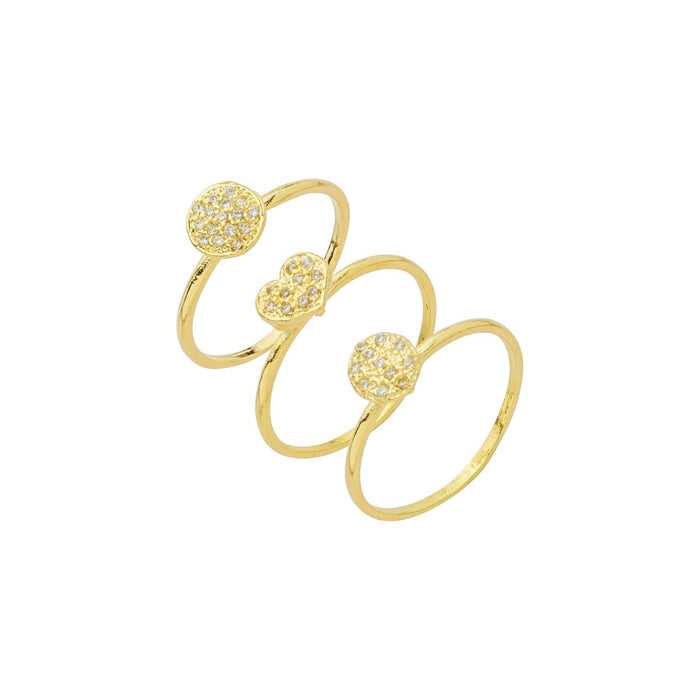 Trio de Anéis Alana Coração, Oval e Circulo Zircônias Folheado a Ouro 18k