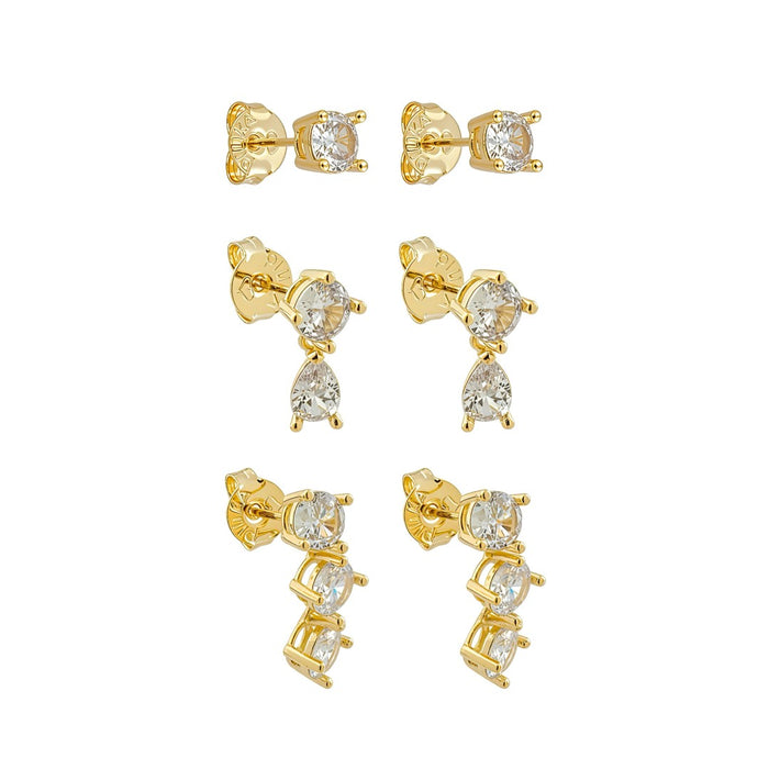 Trio de Brincos Ponto de Luz Elisa Zircônias Folheado a Ouro 18k