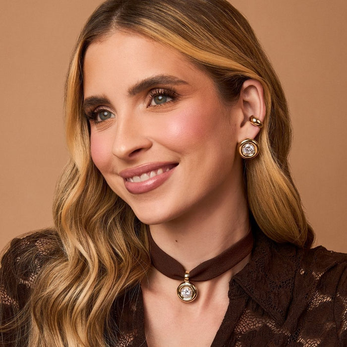 Colar Fernanda Faixa Marrom Pingente Zircônia Folheado a Ouro 18k