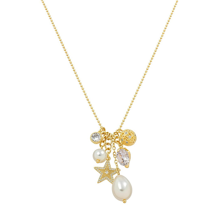 Colar Longo Mari Penca Pérolas Zircônias Folheado a Ouro 18k