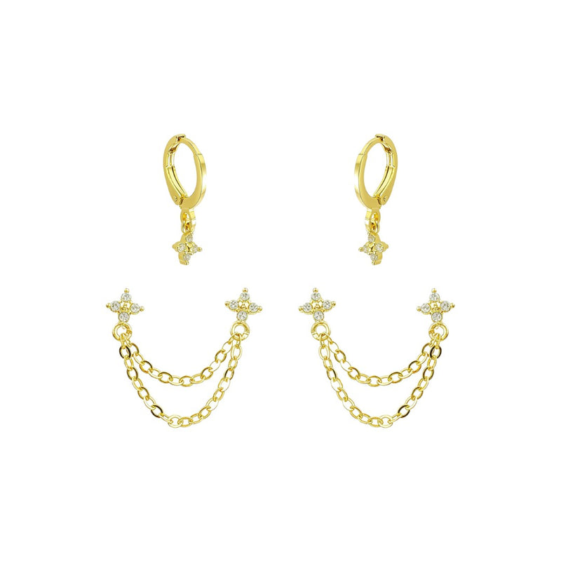 Kit 2 Brincos Argolinha e Ear Line Juliana Zircônias Folheado a Ouro 18k
