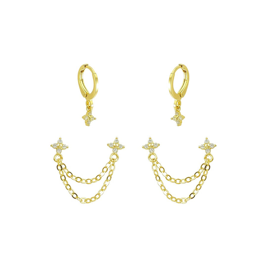 Kit 2 Brincos Argolinha e Ear Line Juliana Zircônias Folheado a Ouro 18k