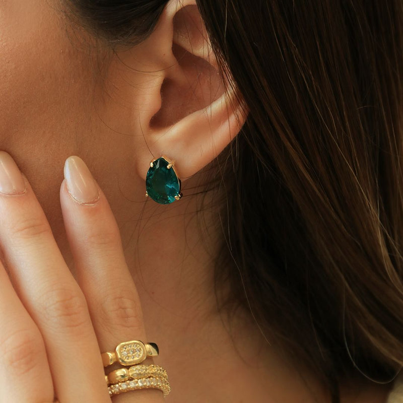 Brinco Clara Zircônia Gota Esmeralda Folheado a Ouro 18k