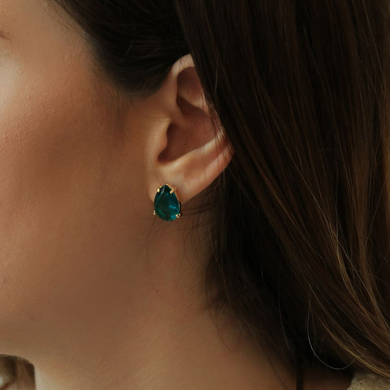 Brinco Clara Zircônia Gota Esmeralda Folheado a Ouro 18k