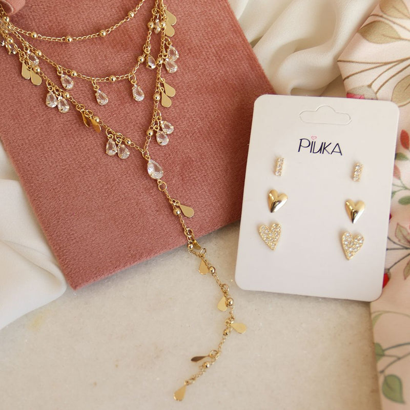 Trio de Brincos Sofia Coração Zircônias Folheado a Ouro 18k
