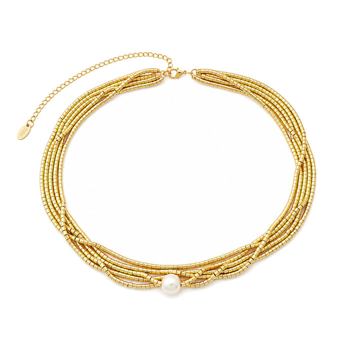 Colar Beatriz 5 Voltas Pérola de Àgua Doce Folheado a Ouro 18k