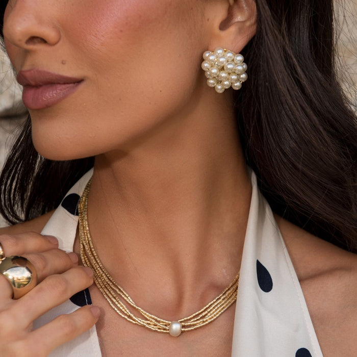 Colar Beatriz 5 Voltas Pérola de Àgua Doce Folheado a Ouro 18k