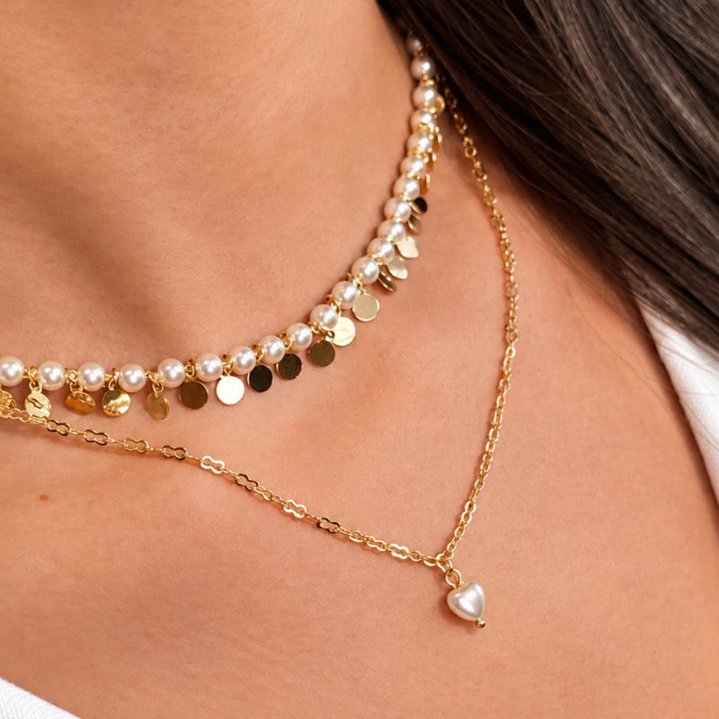 Choker Coração Erika Pérola Água Doce Folhedo a Ouro 18k