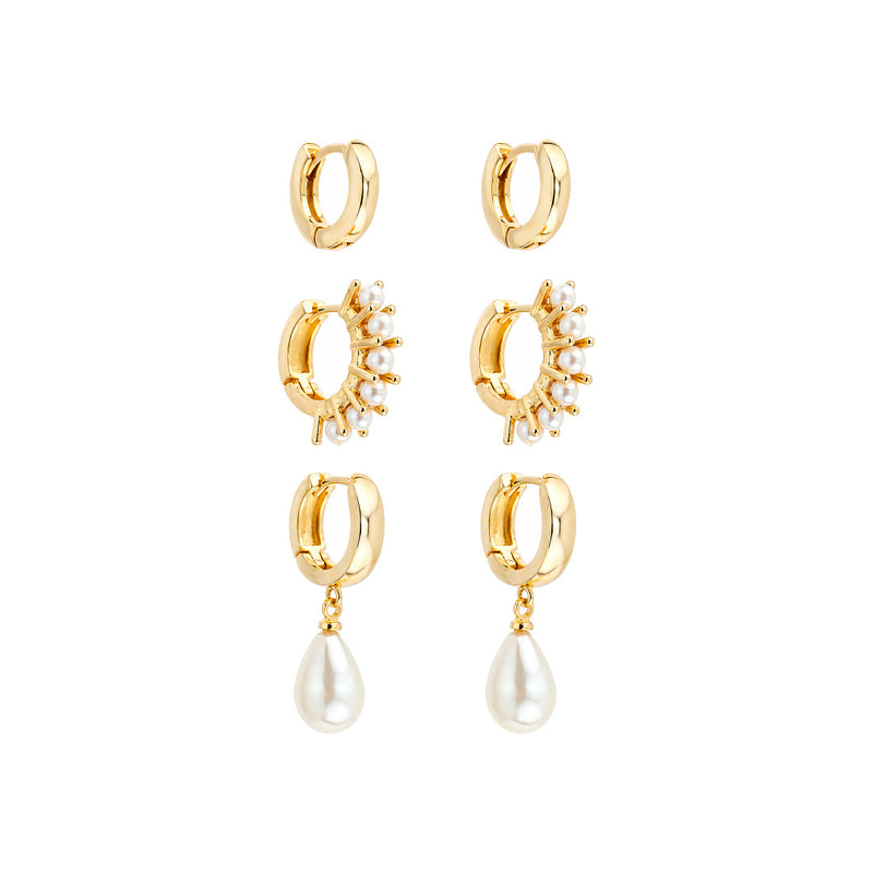 Trio de Argolinhas Amber Peróla Folheado a Ouro 18k