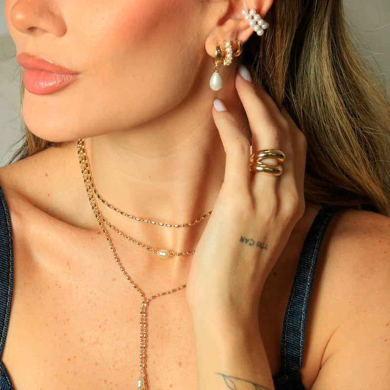 Trio de Argolinhas Amber Peróla Folheado a Ouro 18k