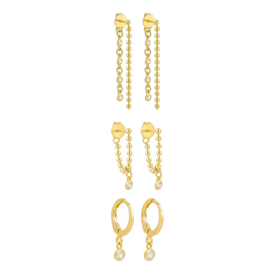 Trio de Brincos Celina Zircônia Folheado a Ouro 18k