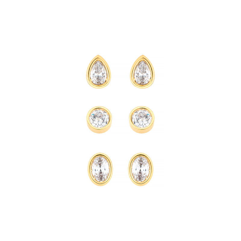 Trio de Brincos Hailey Ponto de Luz Zircônia Folheado a Ouro 18k