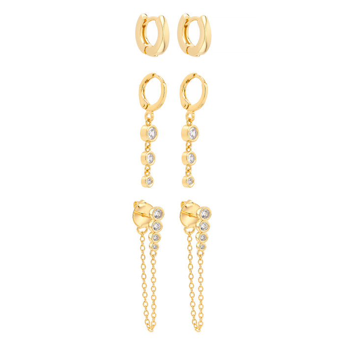 Trio de Brincos Ana Clara Zircônia Folheado a Ouro 18k
