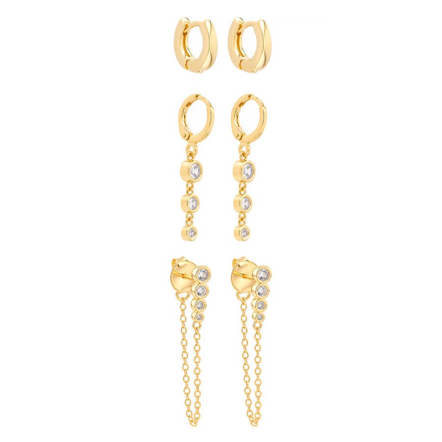 Trio de Brincos Ana Clara Zircônia Folheado a Ouro 18k