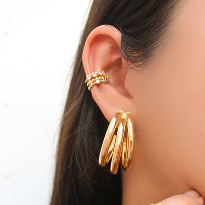 Brinco de Argola Tripla Tubo Liso Enola G Folheado a Ouro 18k