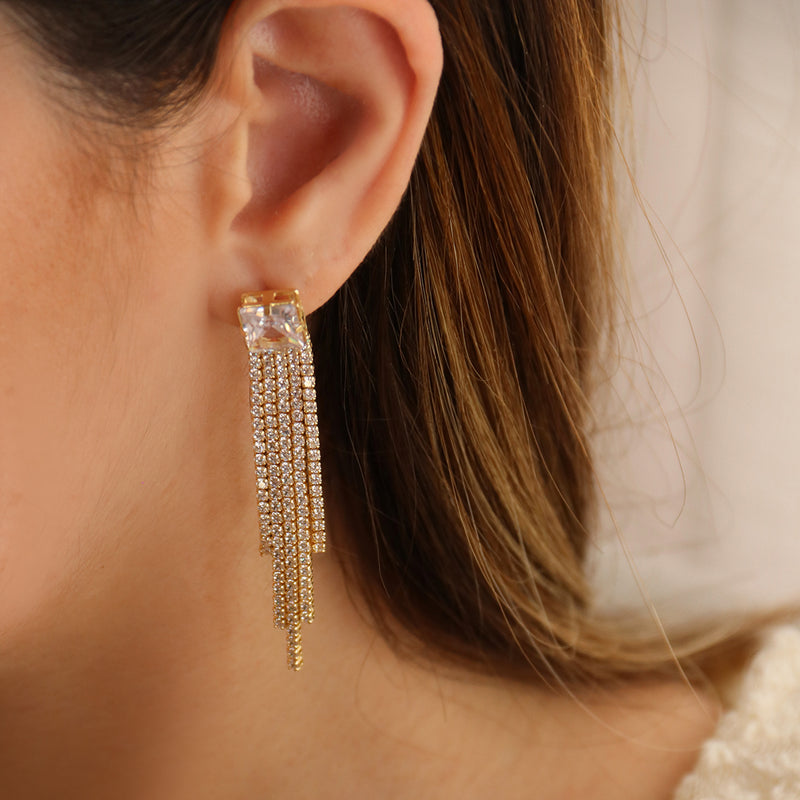 Brinco Franjas Antonella Zicônias Folheado a Ouro 18k