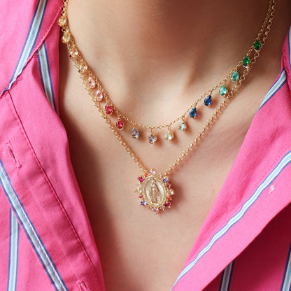 Colar Nossa Senhora das Graças Medalha Milagrosa Zircônias Coloridas Folheado a Ouro 18k