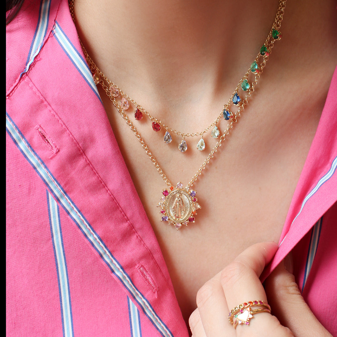 Colar Nossa Senhora das Graças Medalha Milagrosa Zircônias Coloridas Folheado a Ouro 18k