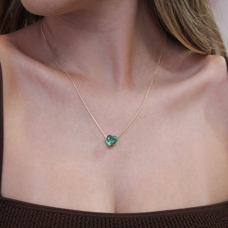 Conjunto Colar e Brinco Lelê Coração Zircônia Turmalina Folheado a Ouro 18k