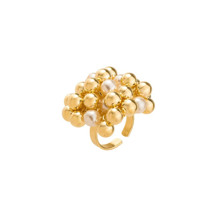 Anel Ajustável Ari Esferas e Pérolas Folheado a Ouro 18k