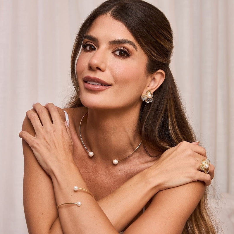 Anel Camille Flor Pérola Folheado a Ouro 18k - Piuka