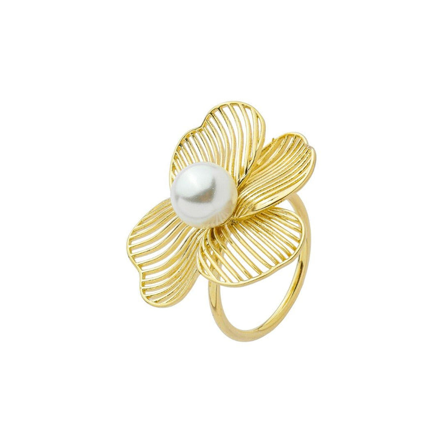 Anel Camille Flor Pérola Folheado a Ouro 18k - Piuka