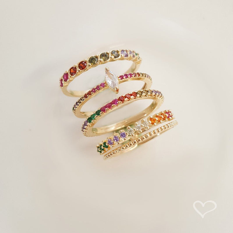 Anel Rose Zircônias Coloridas Folheado a Ouro 18k - Piuka