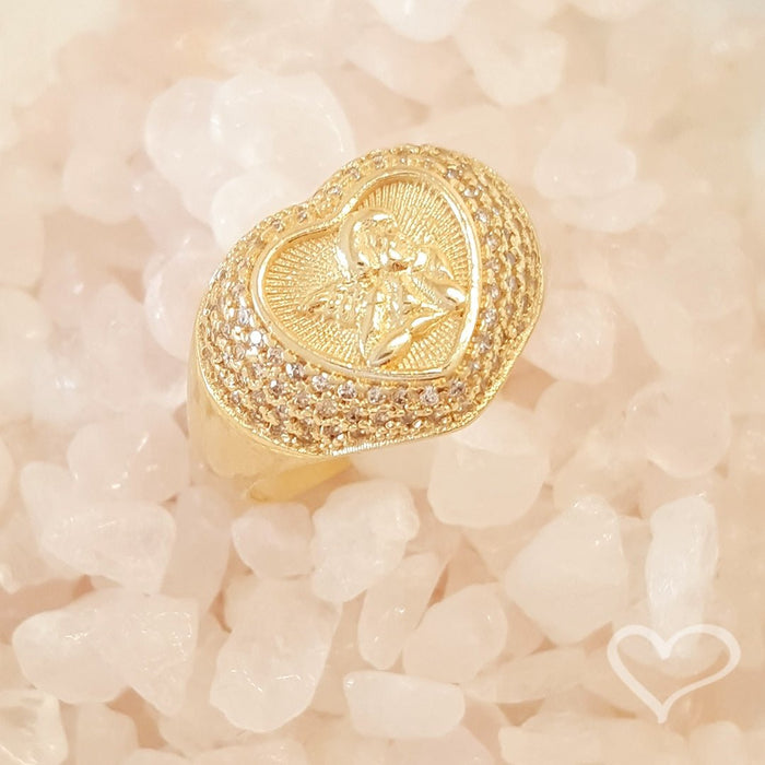 Anel Vintage Coração Anjo da Guarda Zircônias Folheado a Ouro 18k Piuka