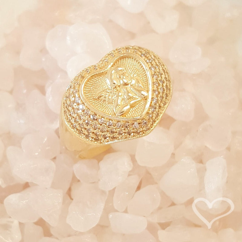 Anel Vintage Coração Anjo da Guarda Zircônias Folheado a Ouro 18k Piuka - Piuka