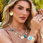 Bracelete Sabrina Largo Matelado Oval Howlita Turquesa Folheado a Ouro 18k - Piuka