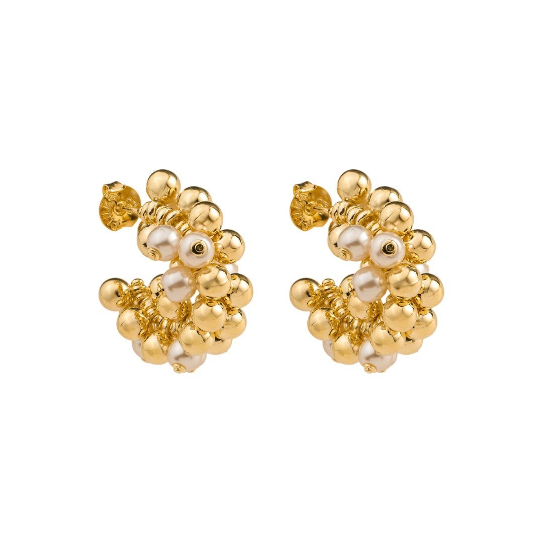 Brinco Argola Ari Esferas e Pérolas Folheado a Ouro 18k - Piuka