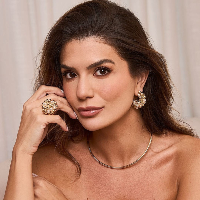 Brinco Argola Ari Esferas e Pérolas Folheado a Ouro 18k - Piuka