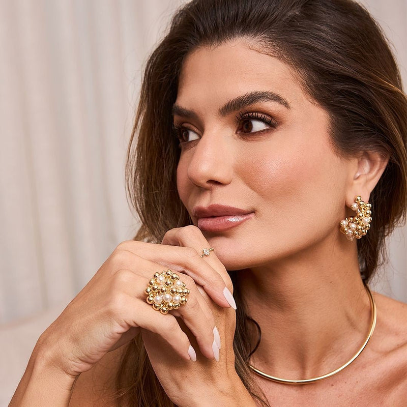 Brinco Argola Ari Esferas e Pérolas Folheado a Ouro 18k - Piuka