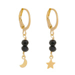 Brinco Argolinha Perla Cristais Preto Lua e Estrela Folheado a Ouro 18k - Piuka