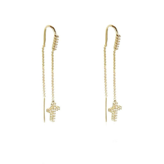 Brinco Celestial Fio Cruz Zircônia Folheado a Ouro 18k - Piuka