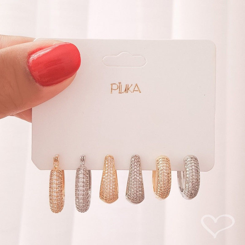 Brinco de Argola Katy Cravejada Zircônias Folheado em Ródio Branco - Piuka
