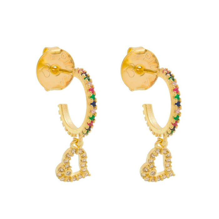 Brinco de Argola Mini Alana Coração Zircônias Cristal e Coloridas Folheado a Ouro 18k