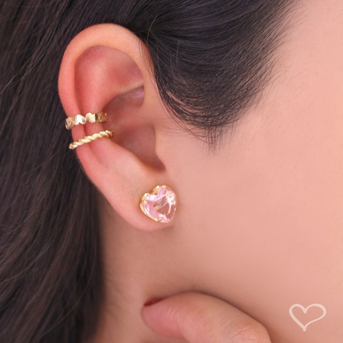 Brinco de Coração Hcc Zircônia Rosa Folheado a Ouro 18k