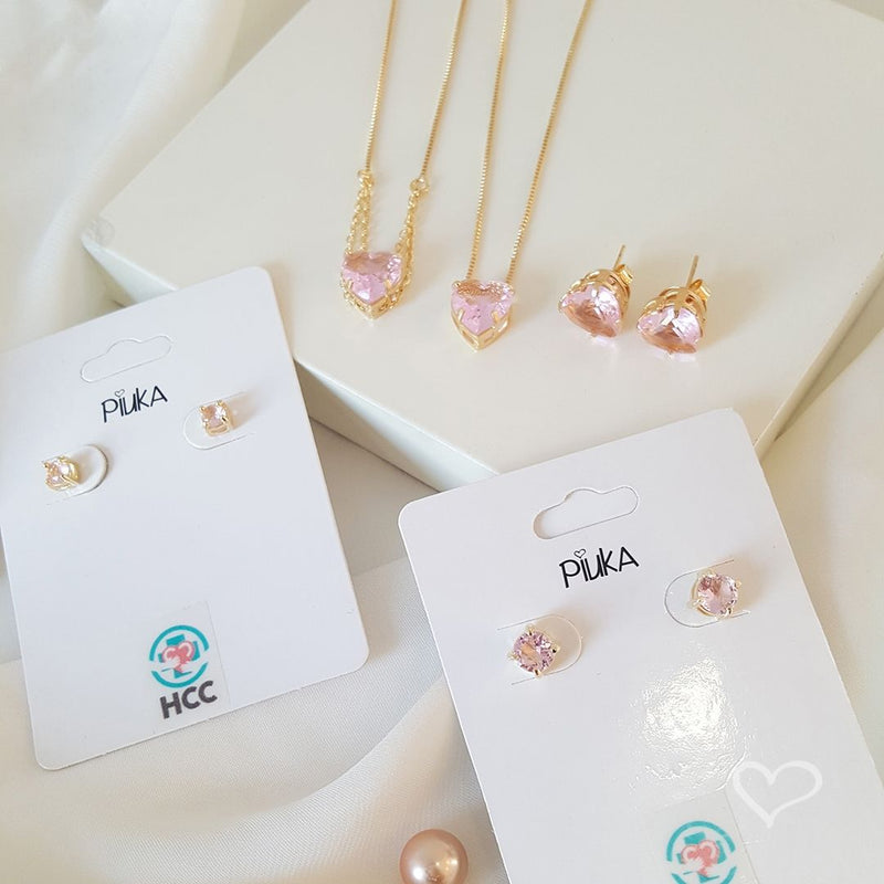 Brinco de Coração Hcc Zircônia Rosa Folheado a Ouro 18k - Piuka
