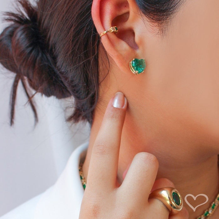 Brinco de Coração Maria Antônia Zircônia Turmalina Folheado a Ouro 18k