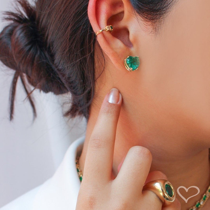 Brinco de Coração Maria Antônia Zircônia Turmalina Folheado a Ouro 18k - Piuka